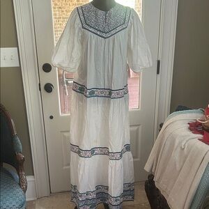 Vintage Sz S/M Cotton Peasant Dress by Embellishments 1970 Embroidered Maxi GVC